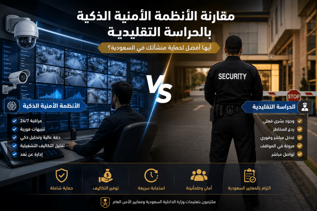 مقارنة الأنظمة الأمنية الذكية بالحراسة التقليدية في السعودية